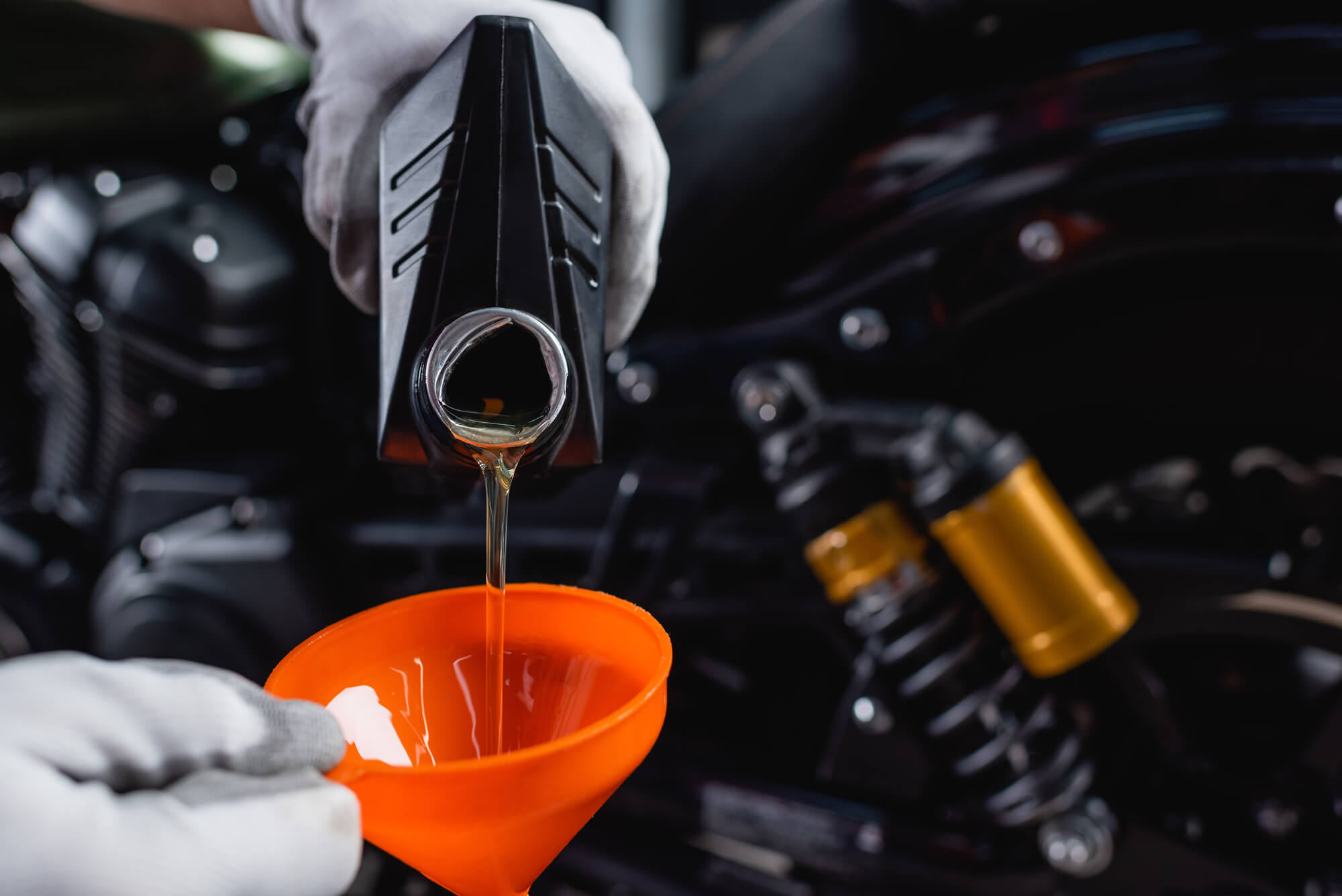 expert pouring engine oil during Import auto repair Davie FL