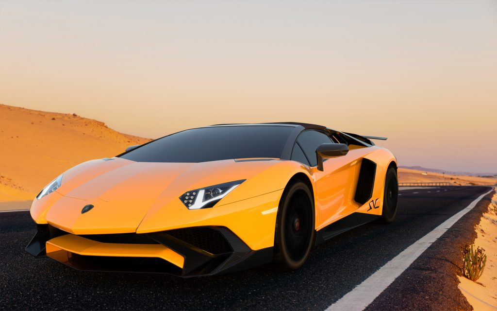 Lamborghini Aventador on a high-speed road across the dunes